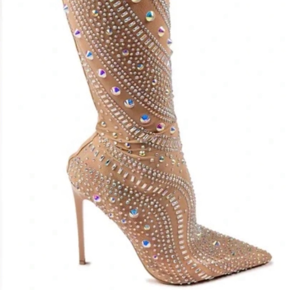 Nude rhinestone thigh high sexy stocking stiletto boots